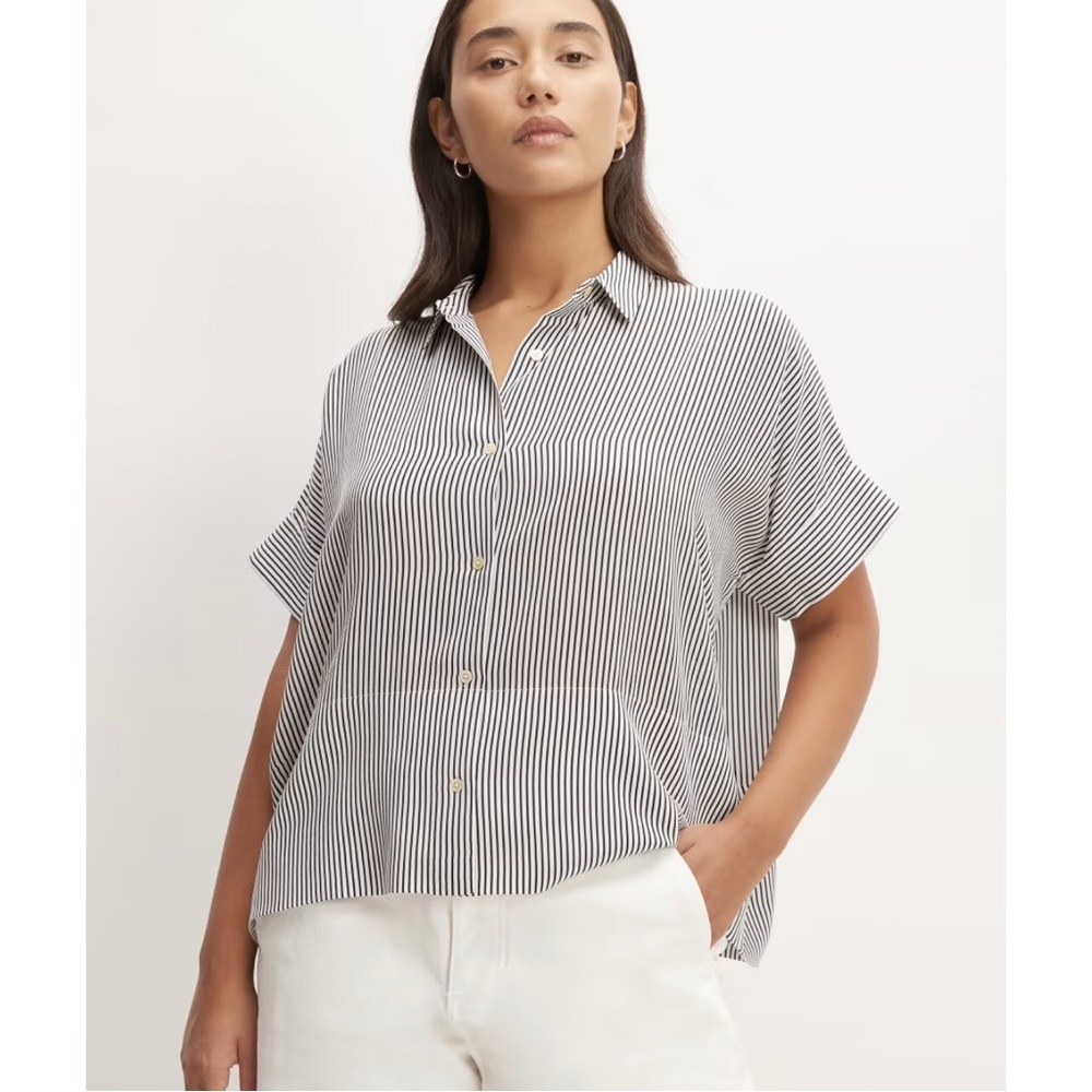 Everlane The Washable Clean Silk Short-Sleeve Square Shirt Size 10 Striped
